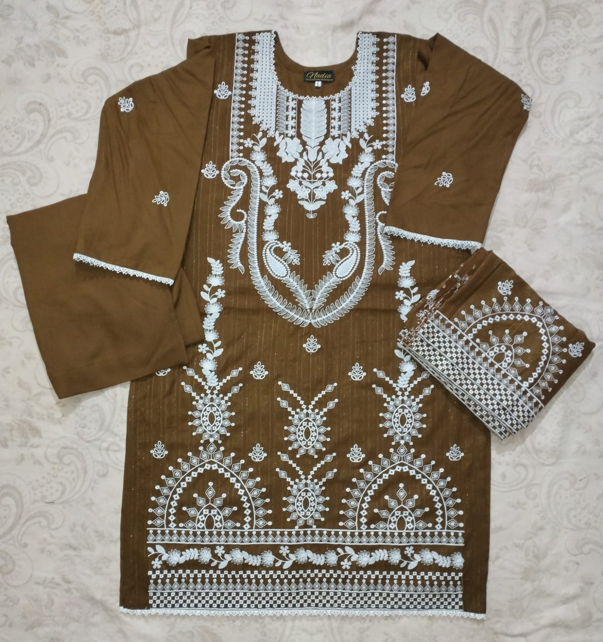 Chrisma White Embroidered Velvet Stripe 3pc Suit
