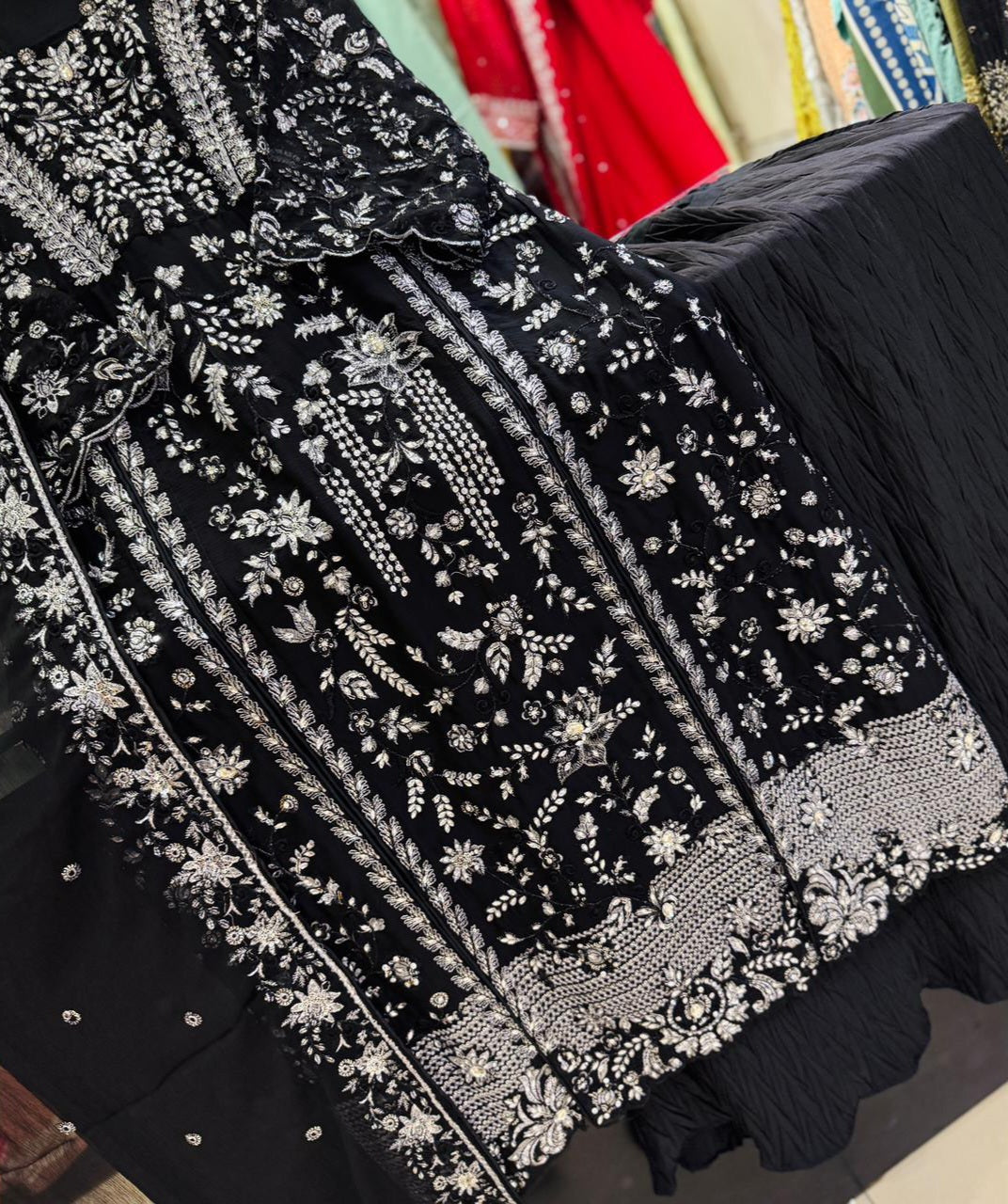 Chiffon Embroidered 3pc Suit with Crush Sharara