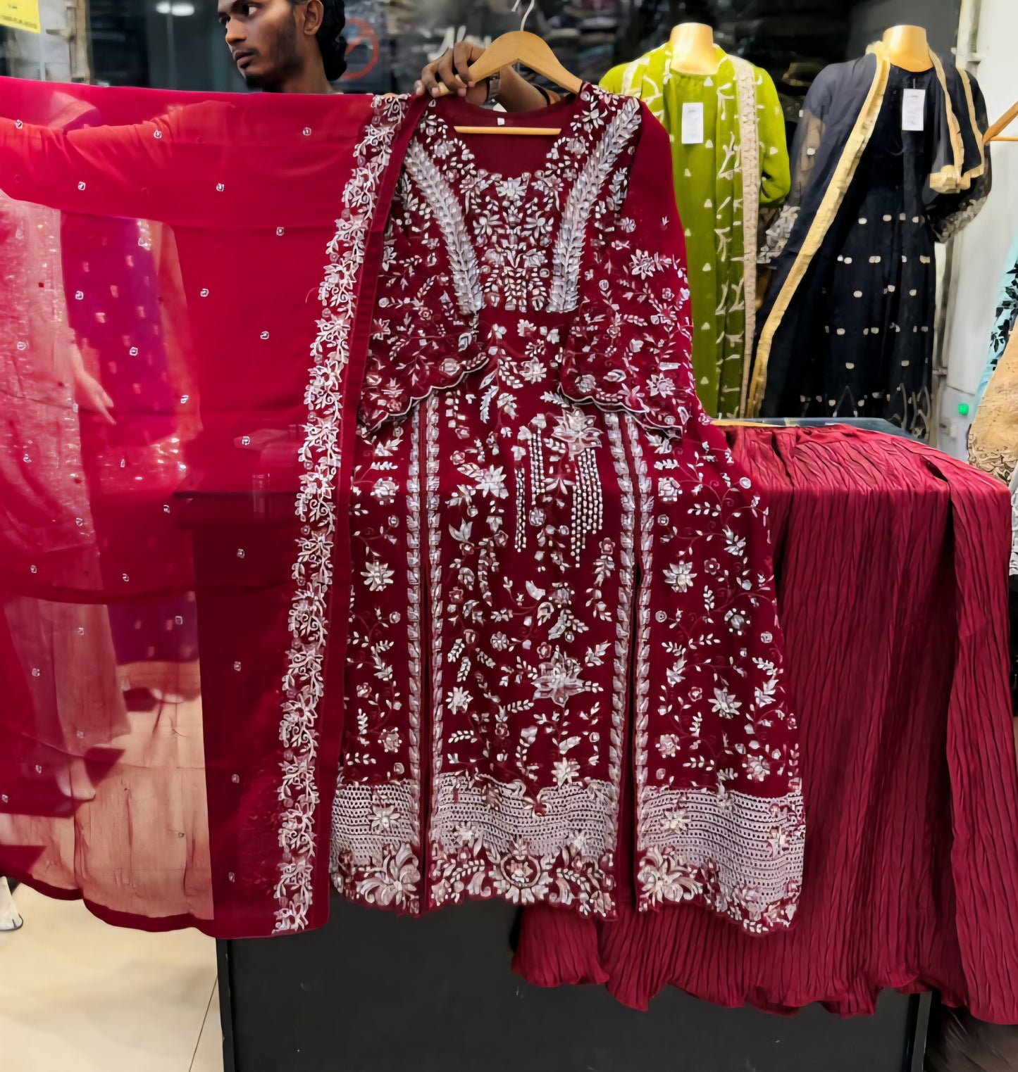 Chiffon Embroidered 3pc Suit with Crush Sharara