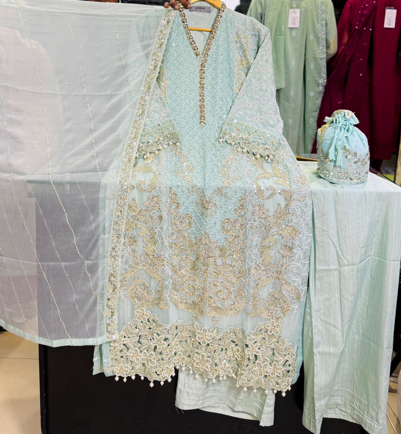 Chiffon Embroidered 3pc Suit with Potli bag