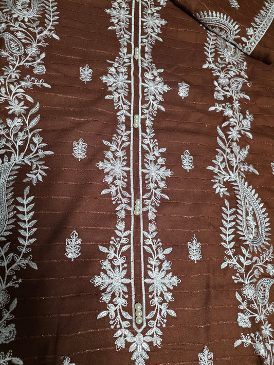 Chrisma White Embroidered Velvet Strip 3pc Suit