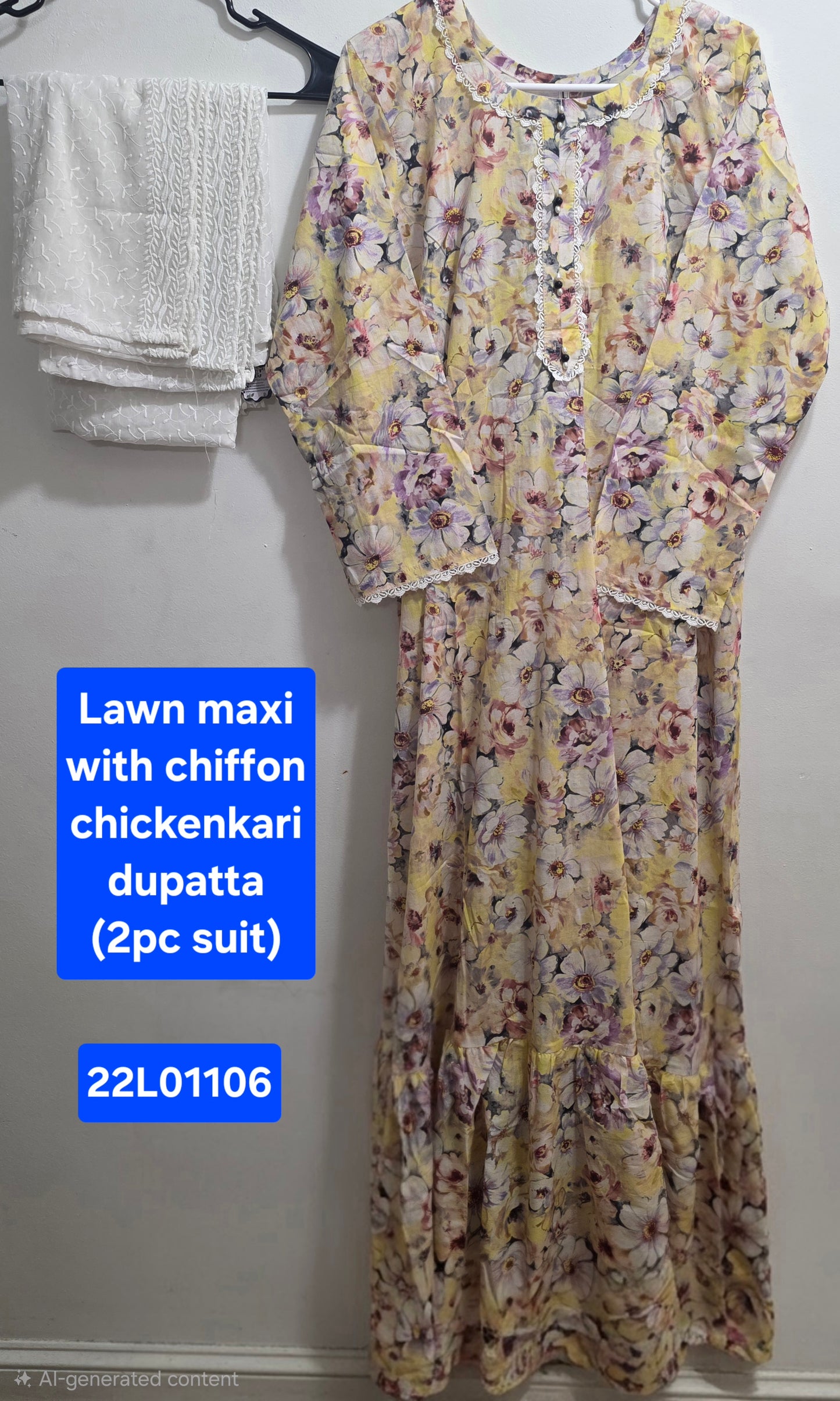 Lawn Maxi with Chiffon Chikankari Dupatta (2pc)