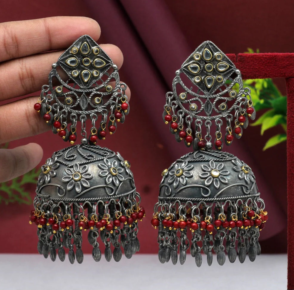 Maroon Color Oxidised Big Jhumka Earrings