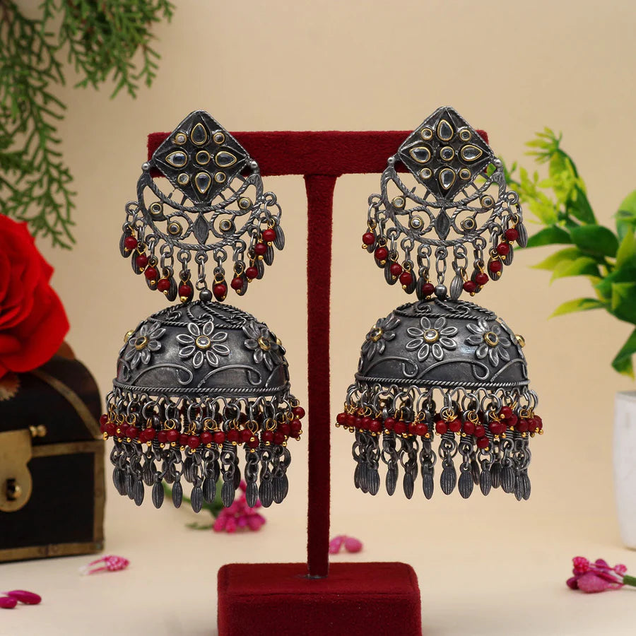 Maroon Color Oxidised Big Jhumka Earrings