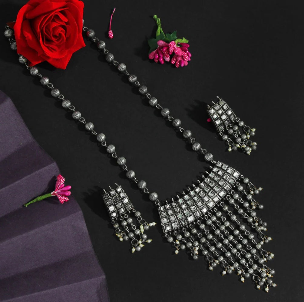 Silver Color Long Oxidised Necklace Set