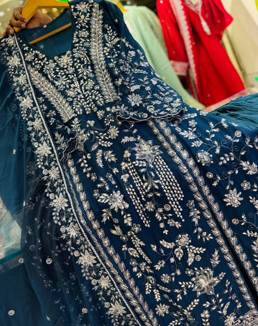 Chiffon Embroidered 3pc Suit with Crush Sharara