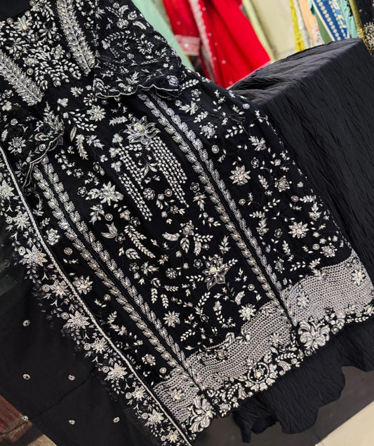 Chiffon Embroidered 3pc Suit with Crush Sharara