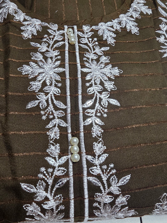 Chrisma White Embroidered Velvet Strip 3pc Suit