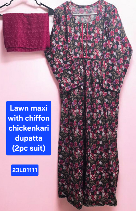 Lawn Maxi with Chiffon Chikankari Dupatta (2pc)