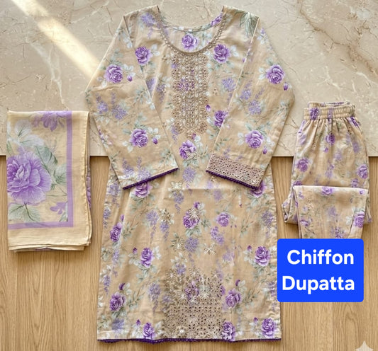Lawn 3pc Suit with Chiffon Dupatta