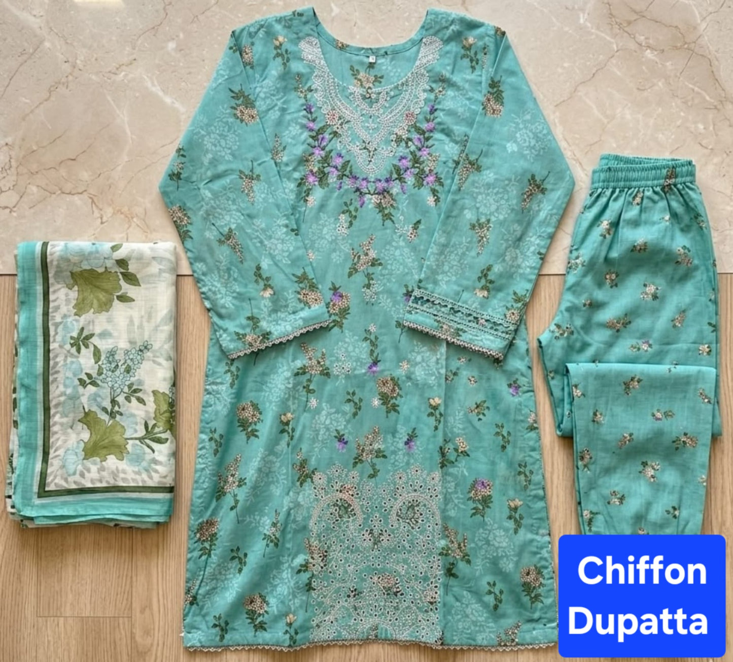 Lawn 3pc Suit with Chiffon Dupatta