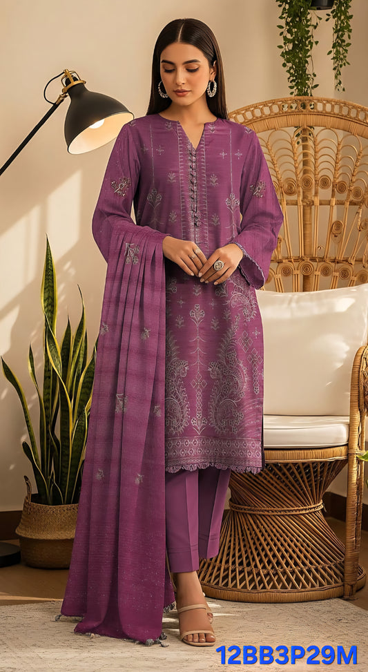Heavy Embroidered 3pc Suit With Velvet Chamki Strips