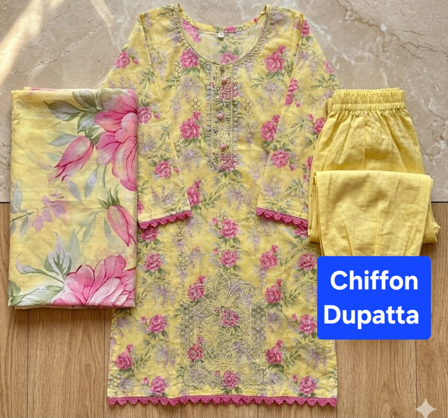 Lawn 3pc Suit with Chiffon Dupatta