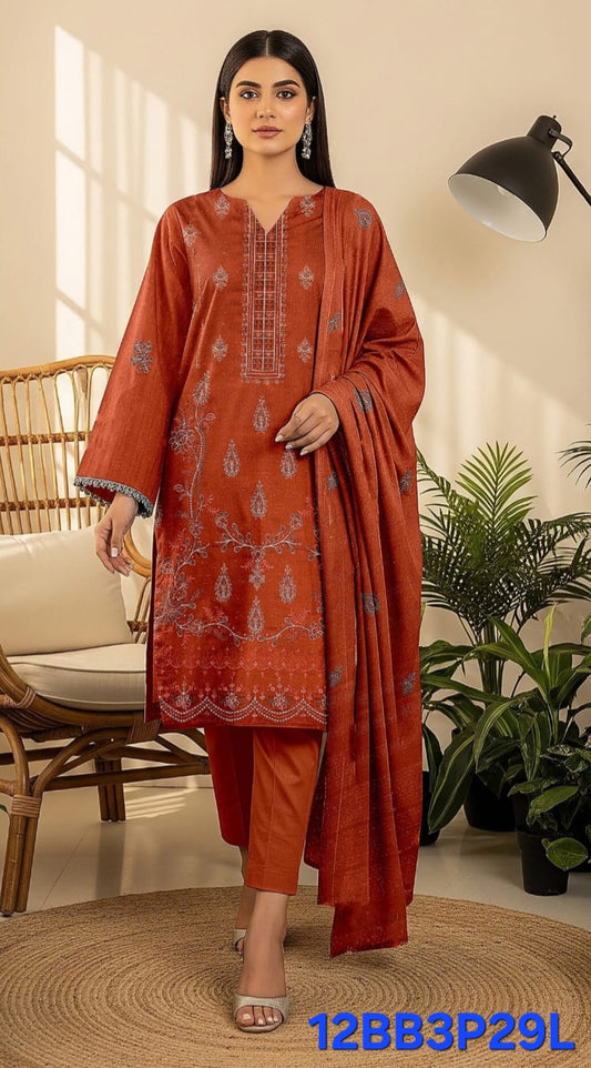 Heavy Embroidered 3pc Suit With Velvet Chamki Strips