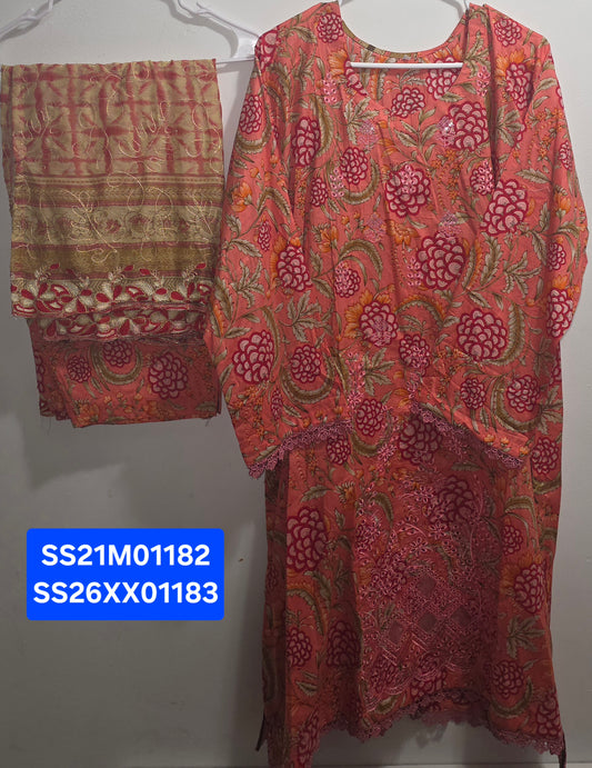 Lawn 3pc Suit with Chiffon Cutwork Dupatta