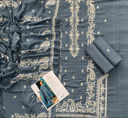 Chrisma White Embroidered Velvet Strip 3pc Suit