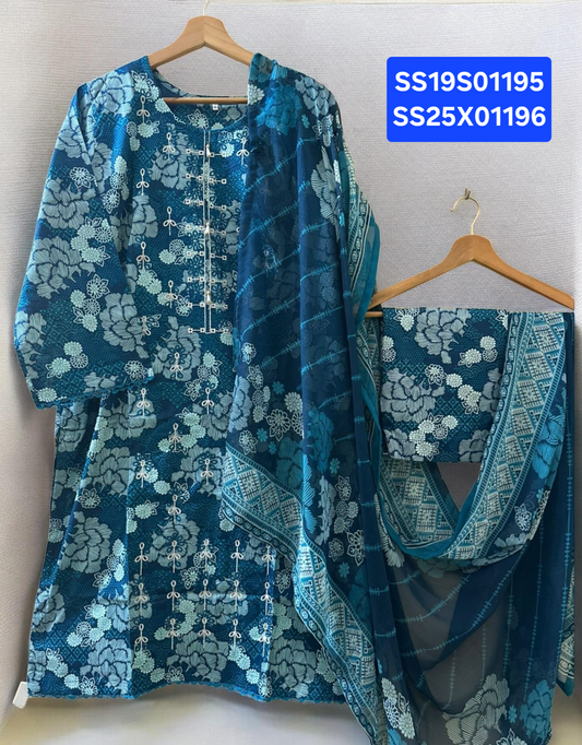 Lawn 3pc Suit with Chiffon Dupatta