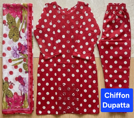 Lawn 3pc Suit with Chiffon Dupatta