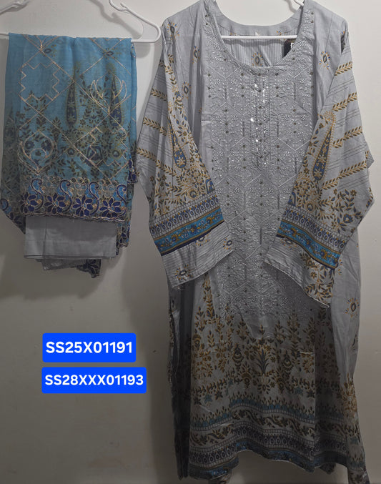 Lawn 3pc Suit with Chiffon Cutwork Dupatta