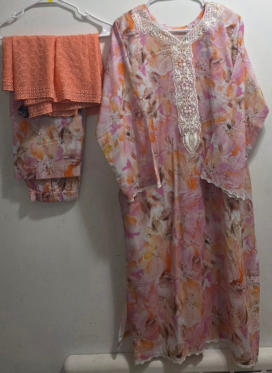 Lawn 3pc Suit with Chickenkari Dupatta