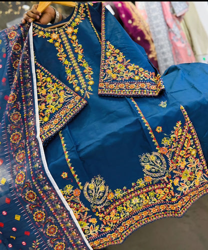 Cotton 3pc Embroidered Farshi Shalwar Suit