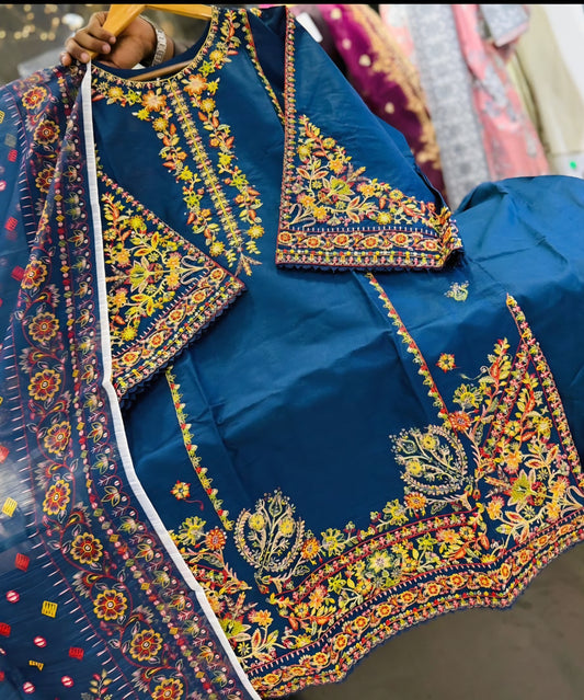 Cotton 3pc Embroidered Farshi Shalwar Suit