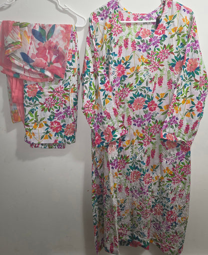 Lawn 3pc Suit with Chiffon Cutwork Dupatta