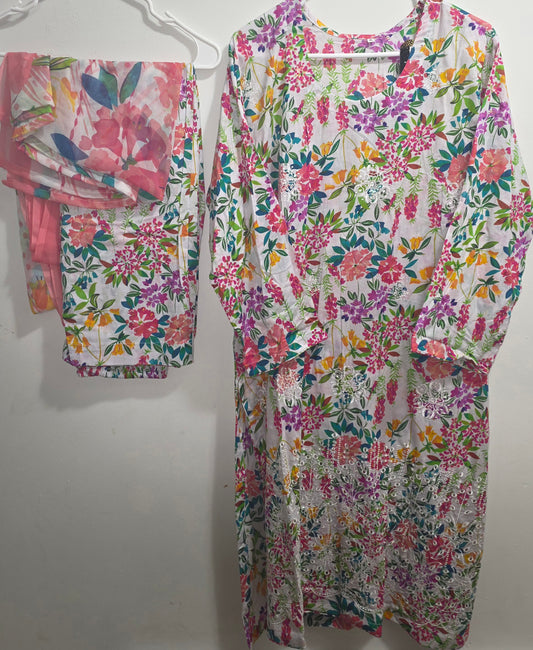 Lawn 3pc Suit with Chiffon Cutwork Dupatta