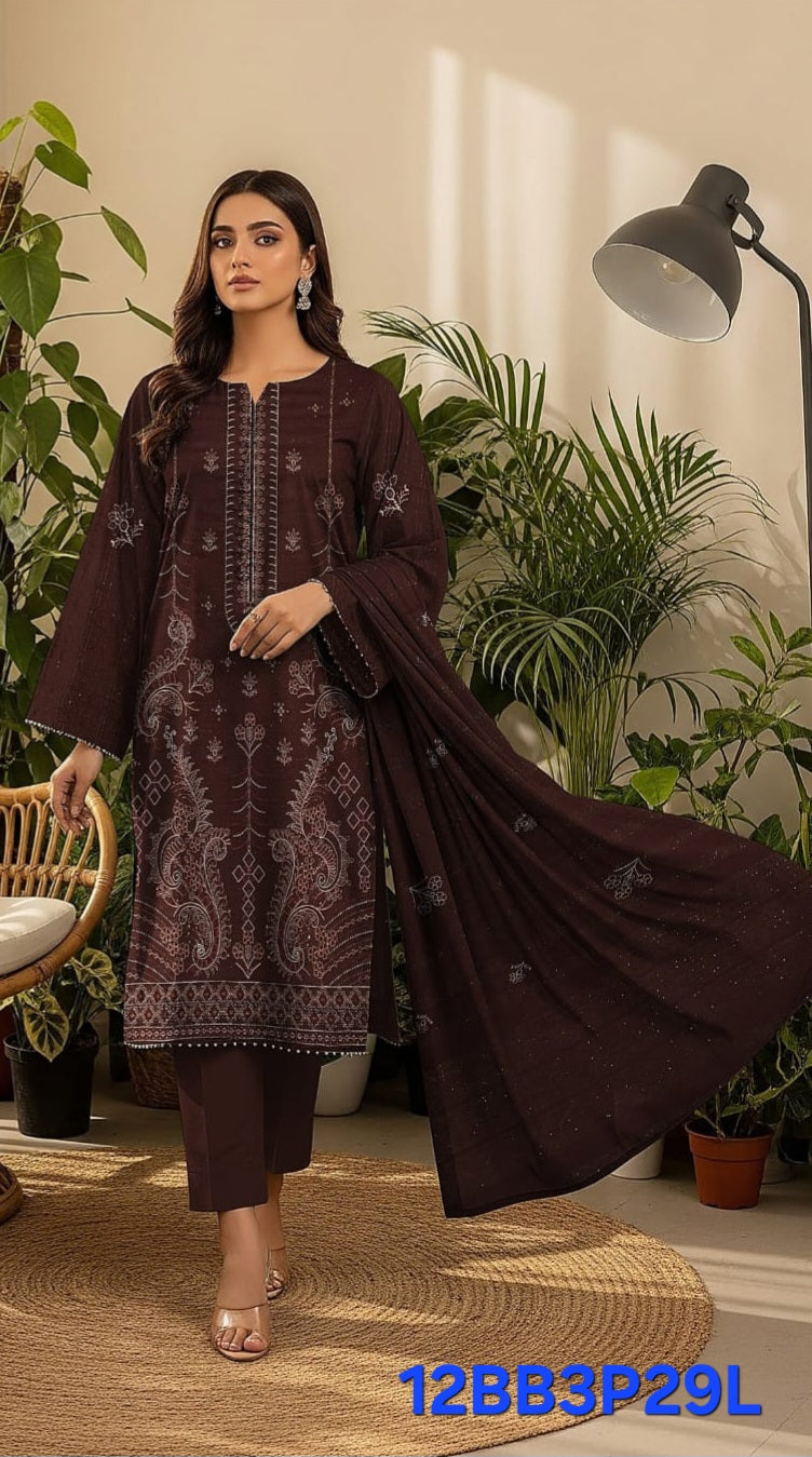Heavy Embroidered 3pc Suit With Velvet Chamki Strips