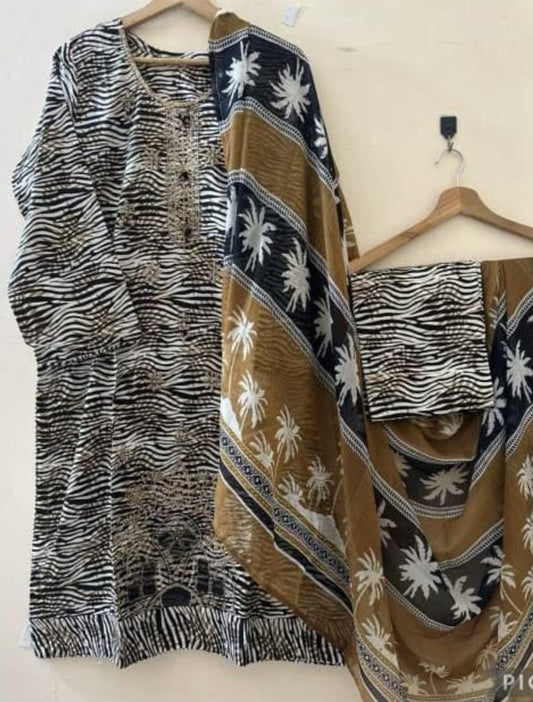 Lawn 3pc Suit with Chiffon Dupatta