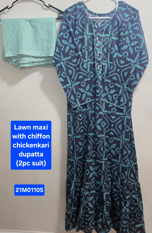 Lawn Maxi with Chiffon Chikankari Dupatta (2pc)