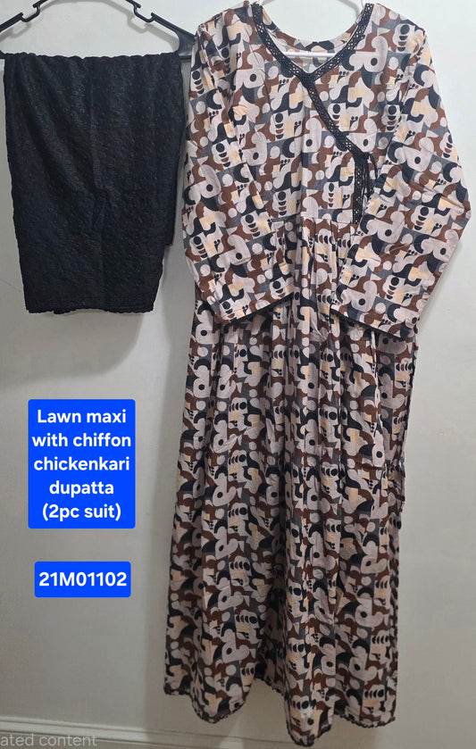 Lawn Maxi with Chiffon Chikankari Dupatta (2pc)
