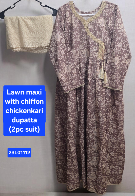 Lawn Maxi with Chiffon Chikankari Dupatta (2pc)