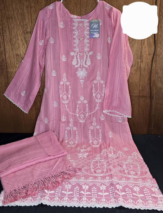 Linen Embroidered Suit With Shawl