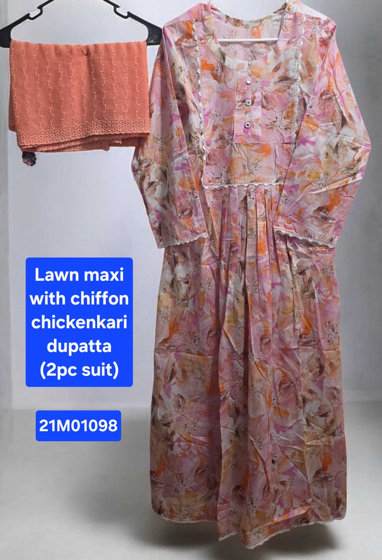 Lawn Maxi with Chiffon Chikankari Dupatta (2pc)