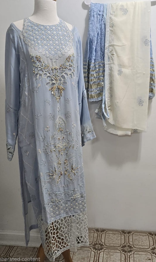 Chiffon Embroidered 3pc Suits (Long Shirt)