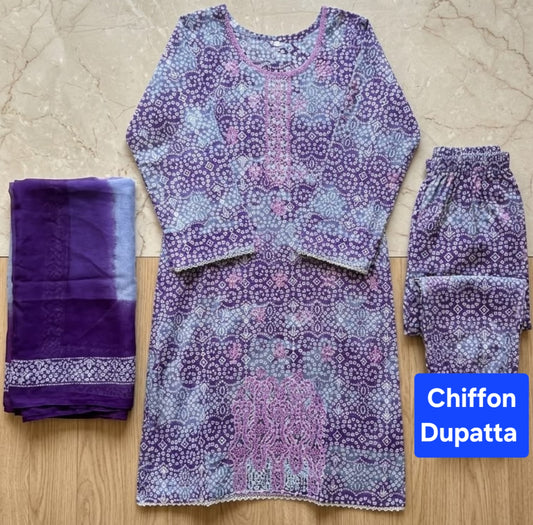 Lawn 3pc Suit with Chiffon Dupatta