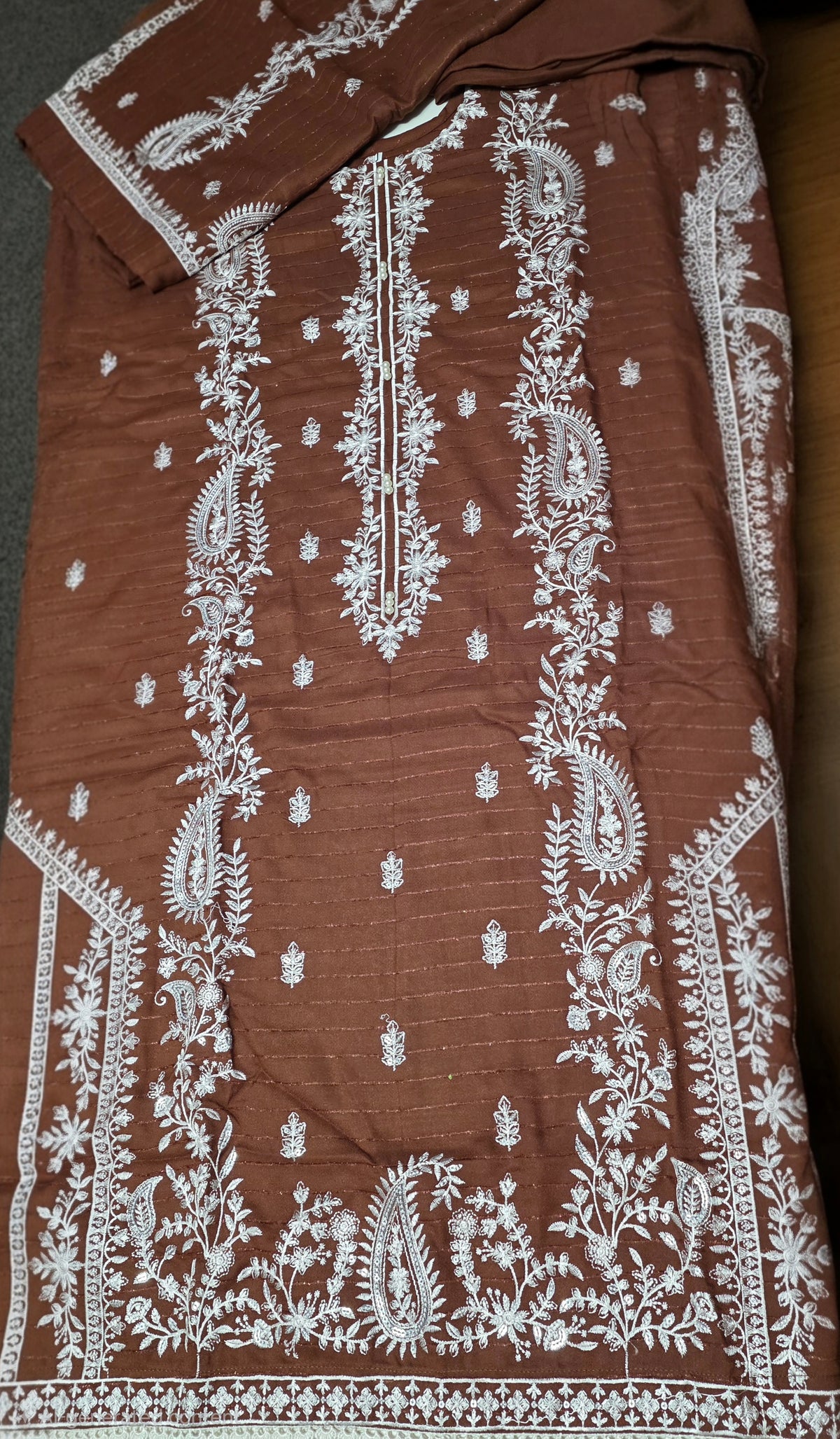 Chrisma White Embroidered Velvet Strip 3pc Suit