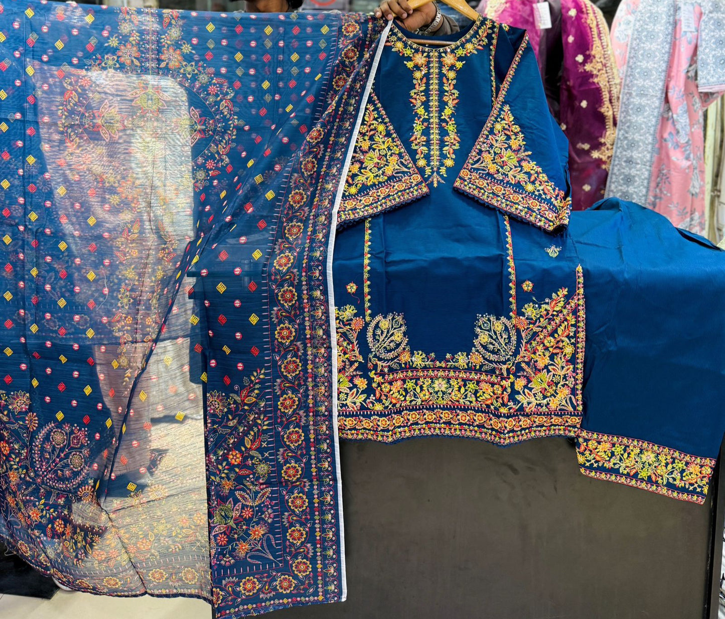 Cotton 3pc Embroidered Farshi Shalwar Suit